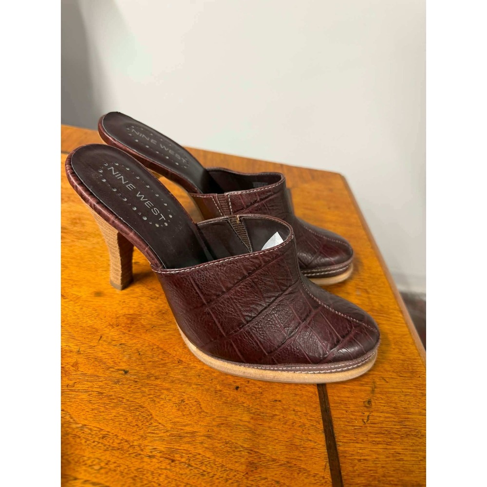 Vtg 90s Nine West Womens 6M Burgundy Croc Embossed Mules High Heel Round Toe